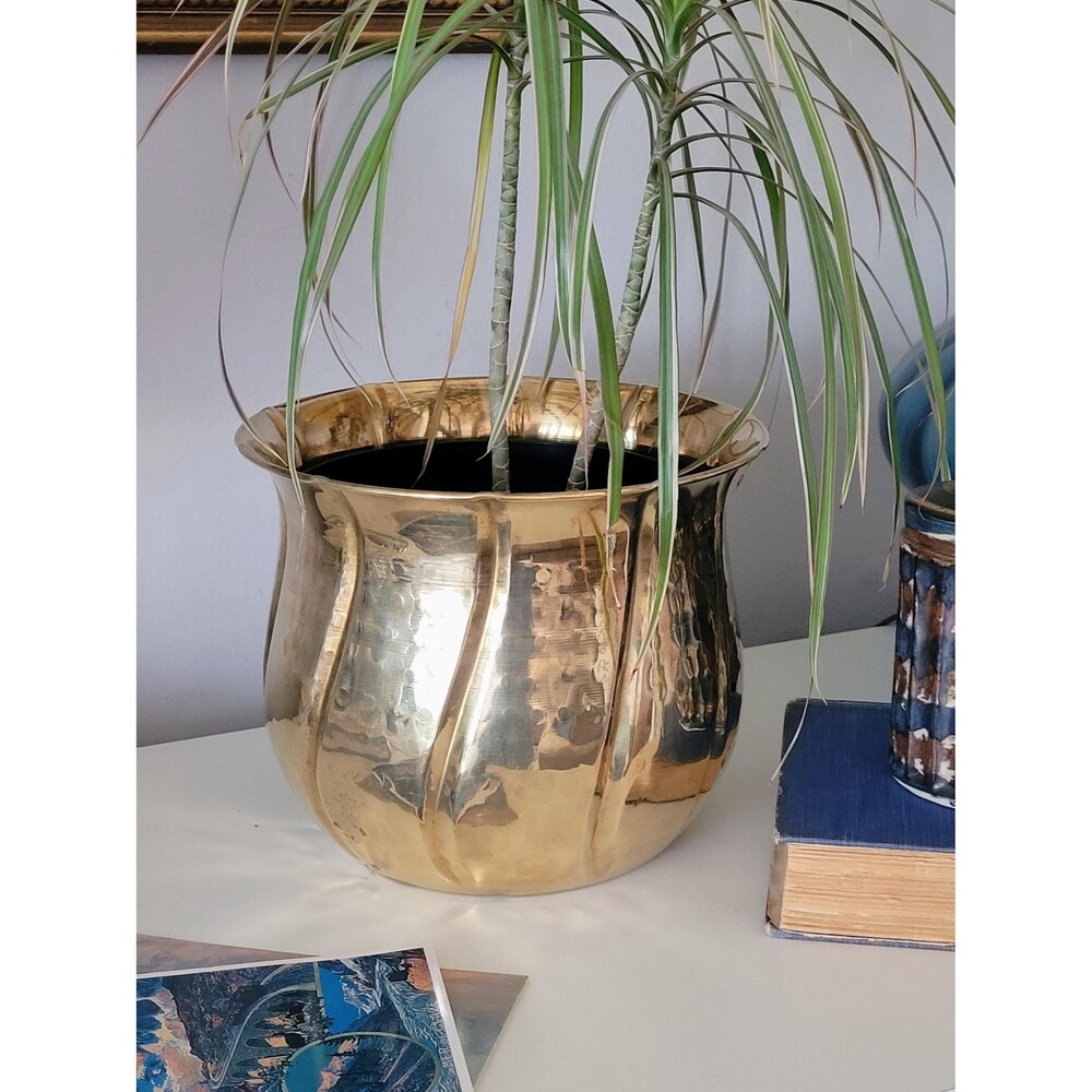 Vintage Brass Round Planter Bowl Embossed Swirl Design